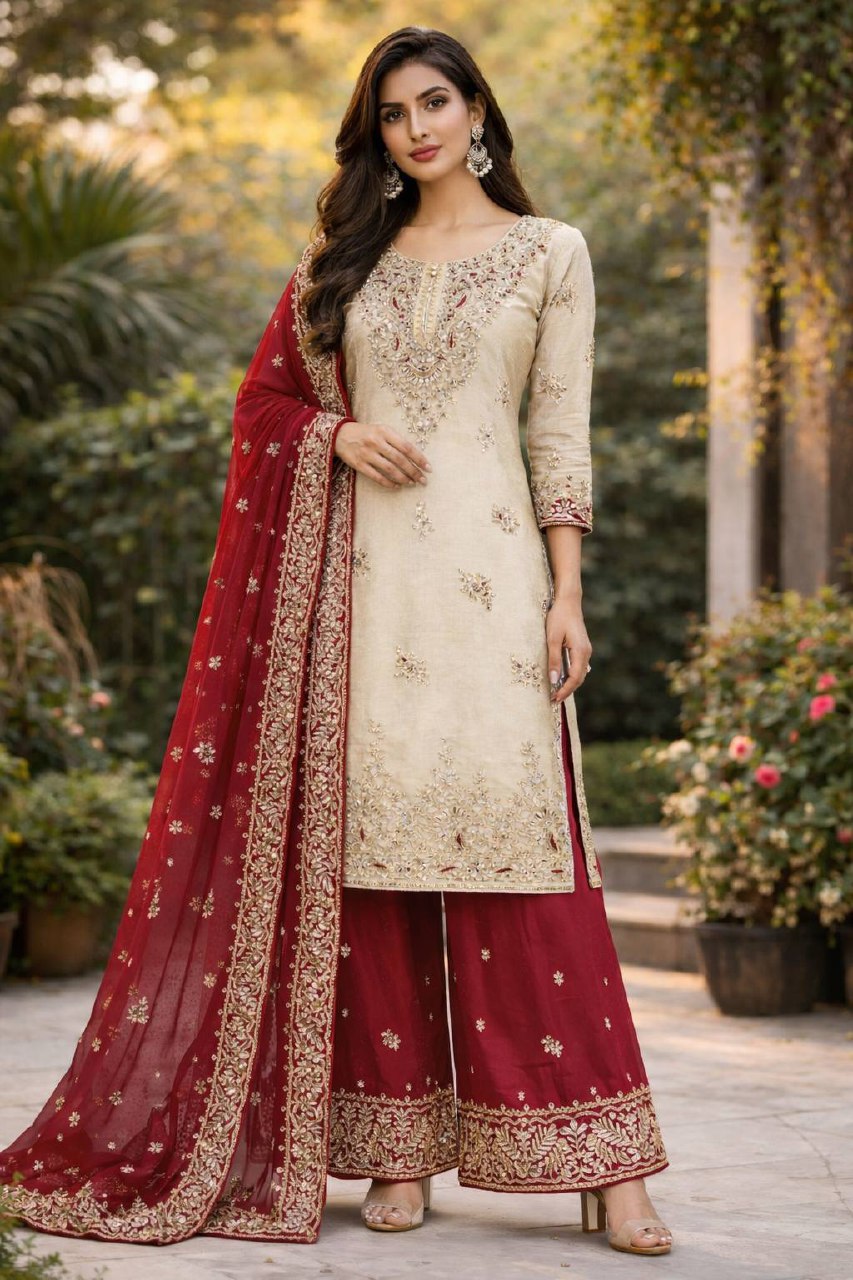 Regal Pearl & Burgundy Palazzo Couture